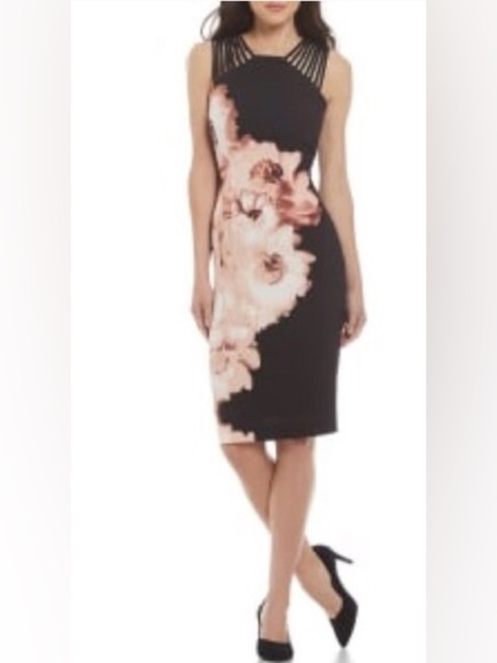 ANTONIO MELANI Black Midi Dress with Pink Floral Accent
